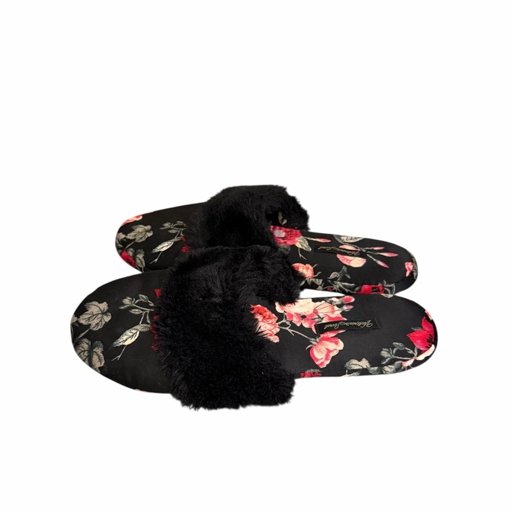 Victoria's Secret Black Floral Slippers with Faux Fur‎ - Picture 2 of 8
